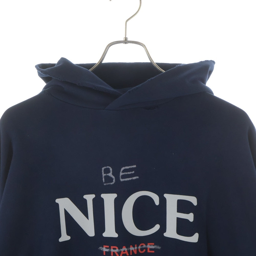 BALENCIAGA(バレンシアガ) 23AW ROUND HOODIE BE NICE フロントプリント ダメージデザイン スウェット プルオーバー ラウンド フーディー パーカー ネイビー 761458TPVE5
