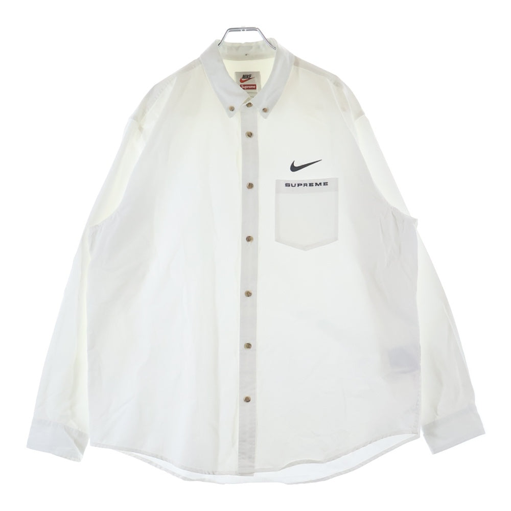 SUPREME(シュプリーム) 21SS ×Cotton Twill Shirt ナイキ ロゴエンブロイダリー レギュラーカラー コットン ツイル 長袖シャツ ホワイト DC1083-133