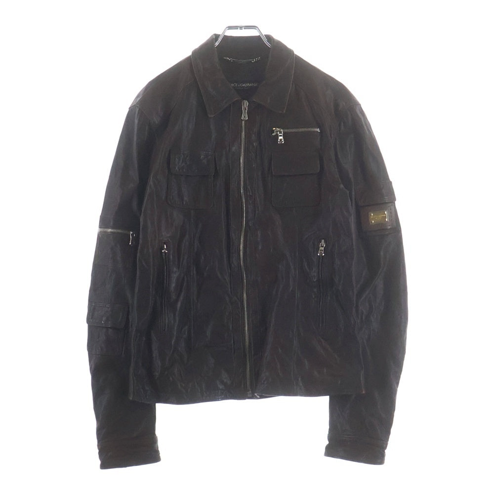 DOLCE & GABBANA(ドルチェアンドガッバーナ) アームロゴ 金具パッチ マルチポケットデザイン ジップアップ レザージャケット ブラウン LS-G9I74L/FULQD-B