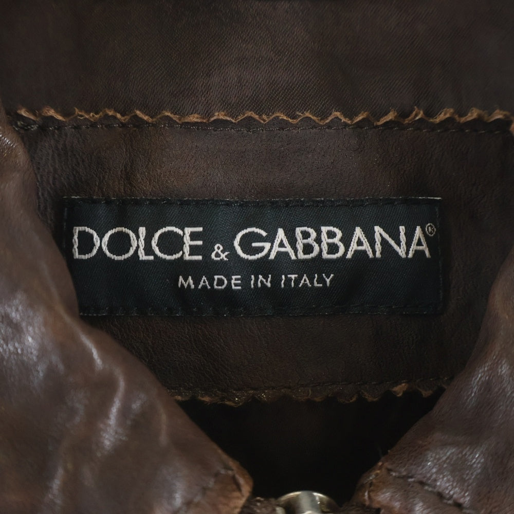 DOLCE & GABBANA(ドルチェアンドガッバーナ) アームロゴ 金具パッチ マルチポケットデザイン ジップアップ レザージャケット ブラウン LS-G9I74L/FULQD-B