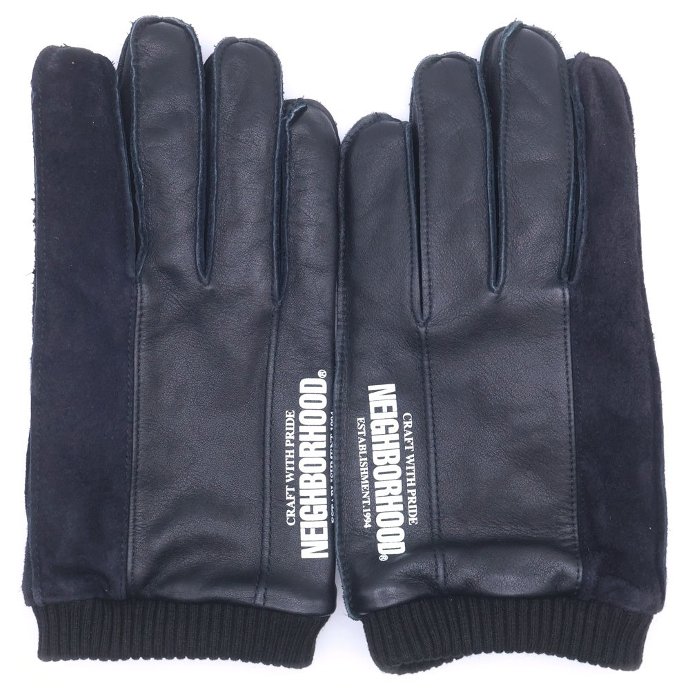 NEIGHBORHOOD(ネイバーフッド) 22AW LEATHER PANEL GLOVE ロゴプリント レザー パネル切替 グローブ 手袋 ブラック