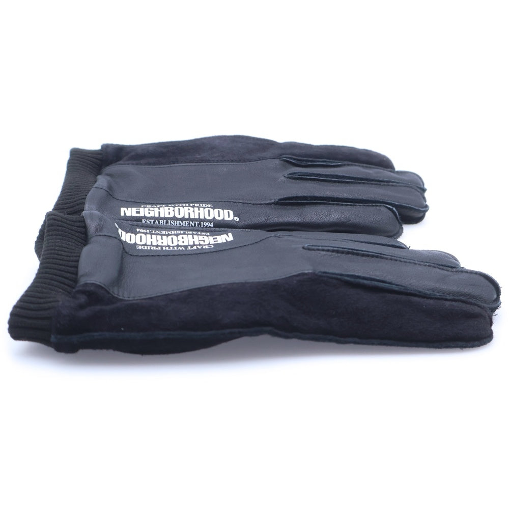 NEIGHBORHOOD(ネイバーフッド) 22AW LEATHER PANEL GLOVE ロゴプリント レザー パネル切替 グローブ 手袋 ブラック
