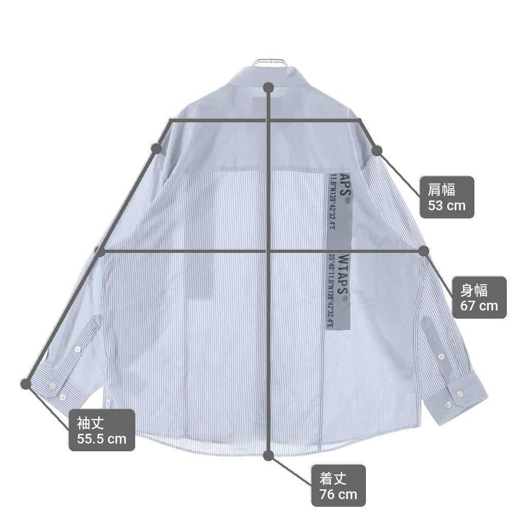 WTAPS(ダブルタップス) 24SS BD 01 /LS / CTPL. BROADCLOTH. TEXTILE. テキシタイルロゴプリント ドッキング 長袖ストライプシャツ ホワイト/グレー 241TQDT-SHM01