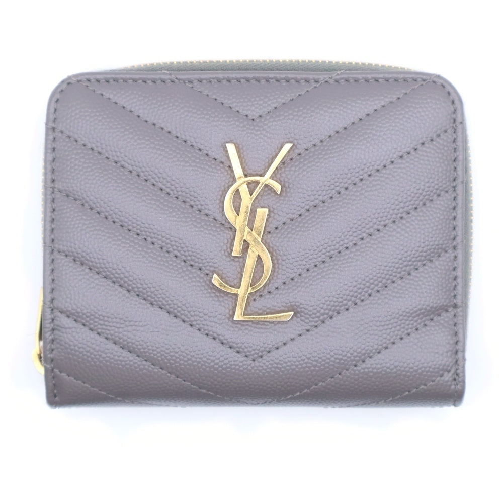 SAINT LAURENT PARIS(サンローランパリ) カサンドラ ロゴゴールドプレート ラウンドファスナー レザー 2つ折り財布 コンパクトウォレット グレー 668288 レディース