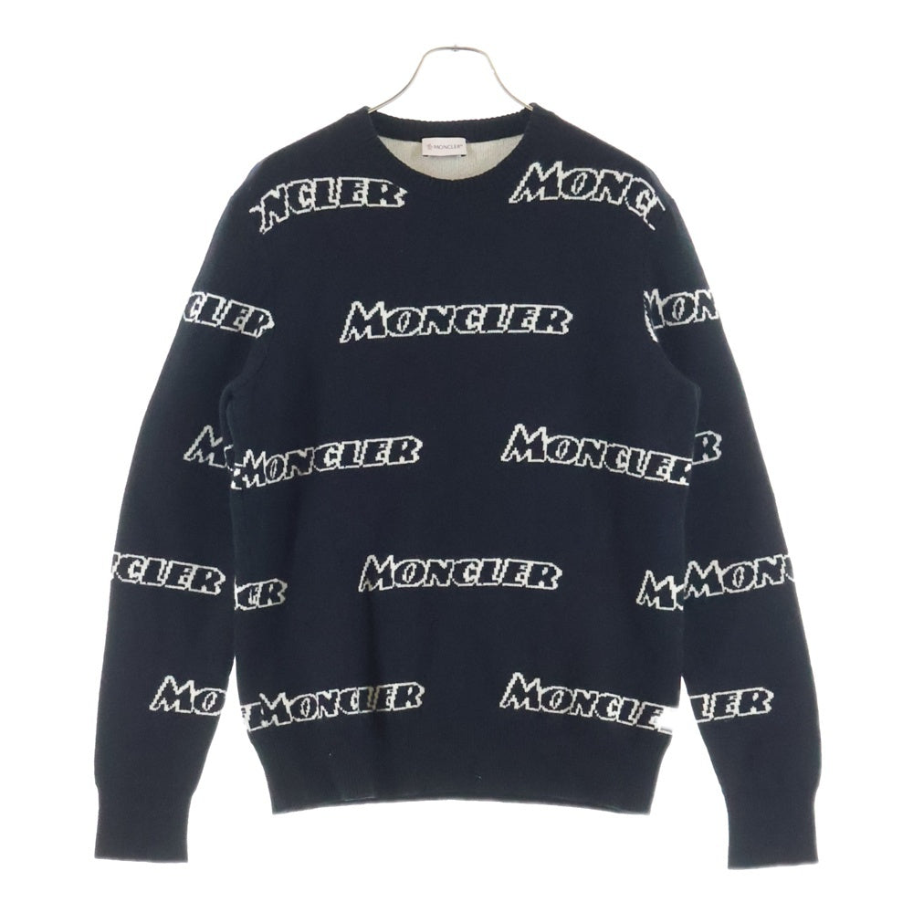 MONCLER(モンクレール) 18AW MAGLIONE TRICOT GIROCOLLO ロゴ総柄 ウール混 クルーネックニット セーター ブラック E20919043600