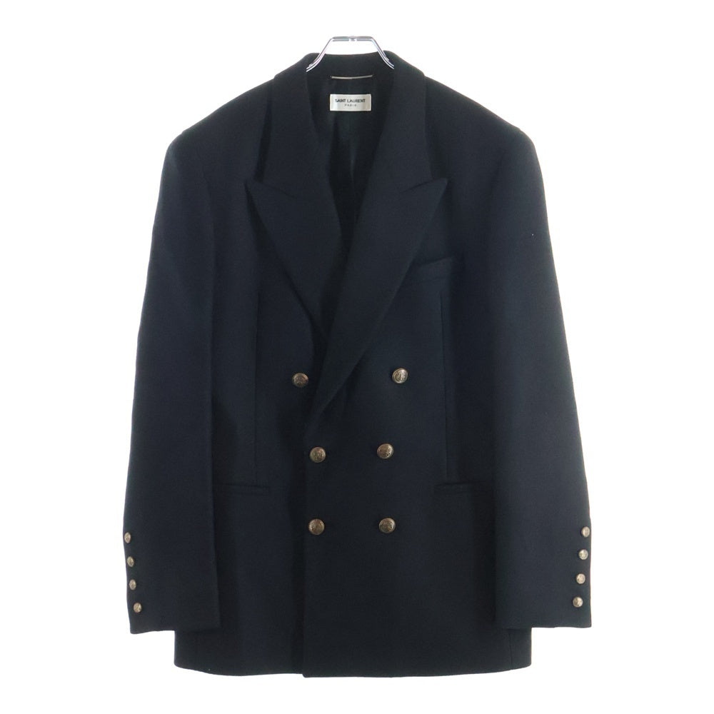 SAINT LAURENT PARIS(サンローランパリ) シルク メタルボタン ダブルブレスト ミドルコート ブラック 707006 Y2F64