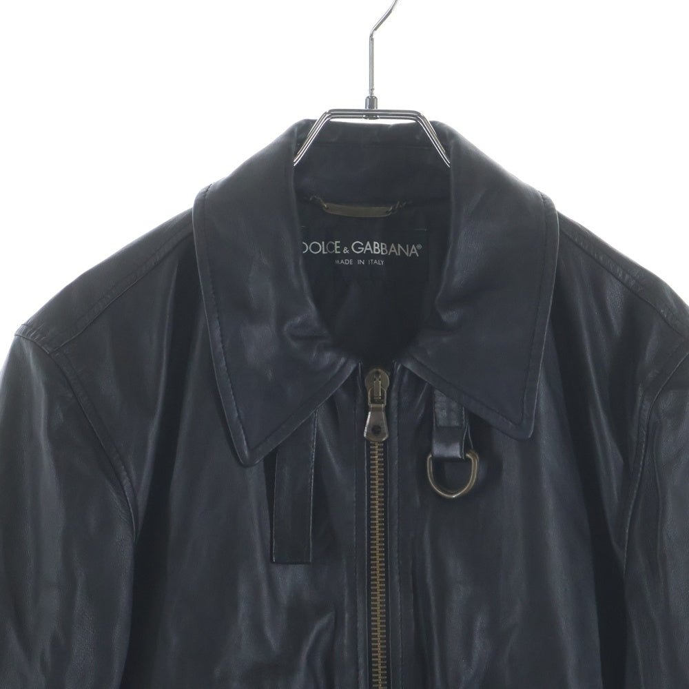 DOLCE & GABBANA(ドルチェアンドガッバーナ) ラムスキン ネックベルトデザイン ジップアップブルゾン シングル レザーボンバージャケット ブラック G9420L