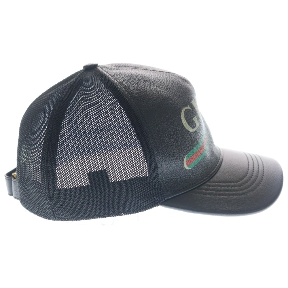 GUCCI(グッチ) フロントプリントロゴデザイン 5パネル レザー ベースボールキャップ 帽子 ブラック 26887-202291