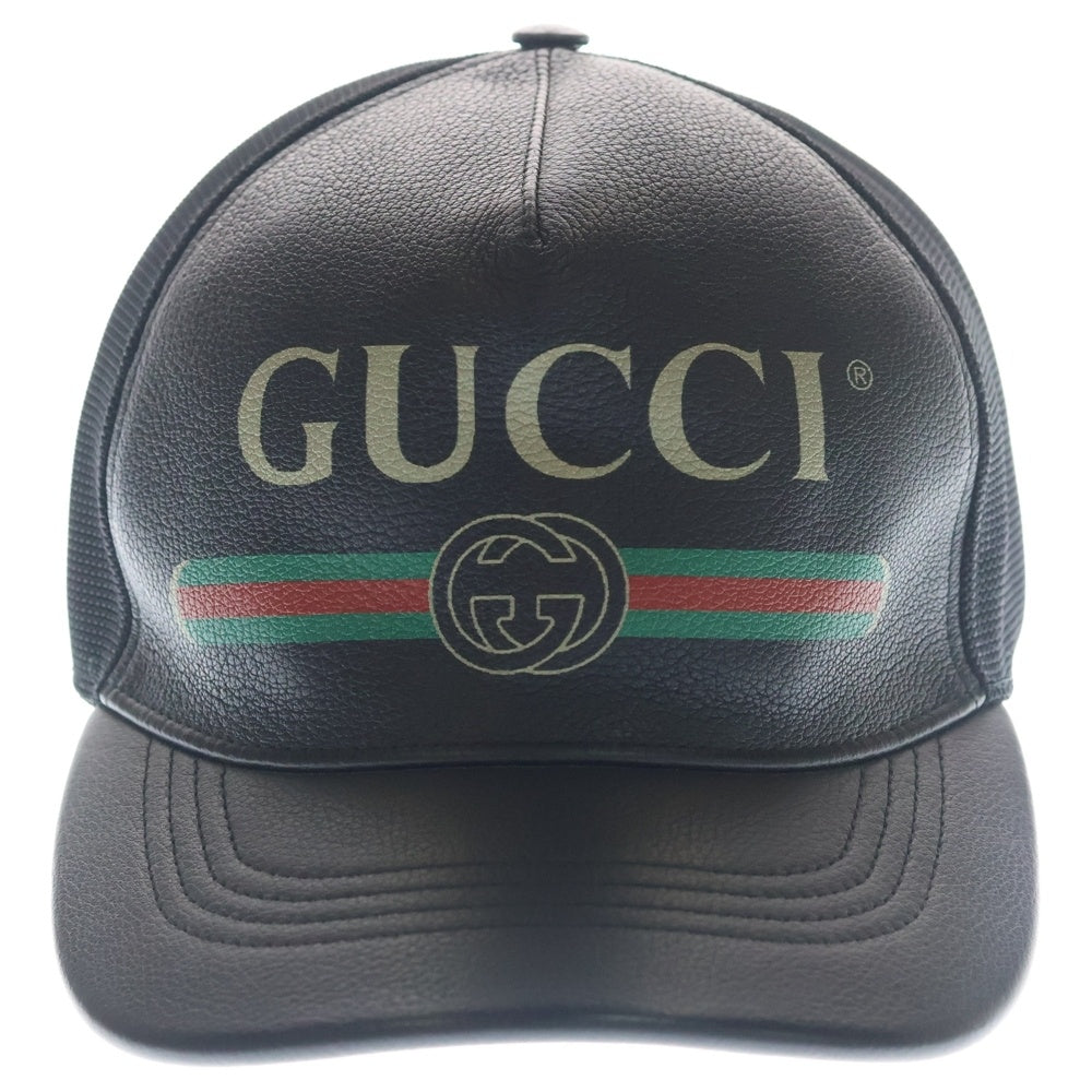 GUCCI(グッチ) フロントプリントロゴデザイン 5パネル レザー ベースボールキャップ 帽子 ブラック 26887-202291