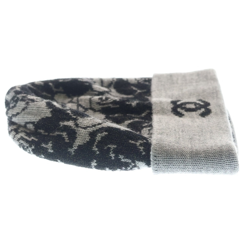 CHANEL(シャネル) カメリア ココマーク カシミヤ混 ウールニットビーニー ニットキャップ 帽子 グレー/ブラック レディース AAB114