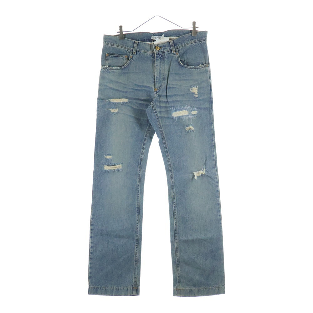 DOLCE & GABBANA(ドルチェアンドガッバーナ) 00S レザーロゴパッチ クラッシュ加工 5ポケット ジップフライ ストレート デニムパンツ インディゴ S0616 9429
