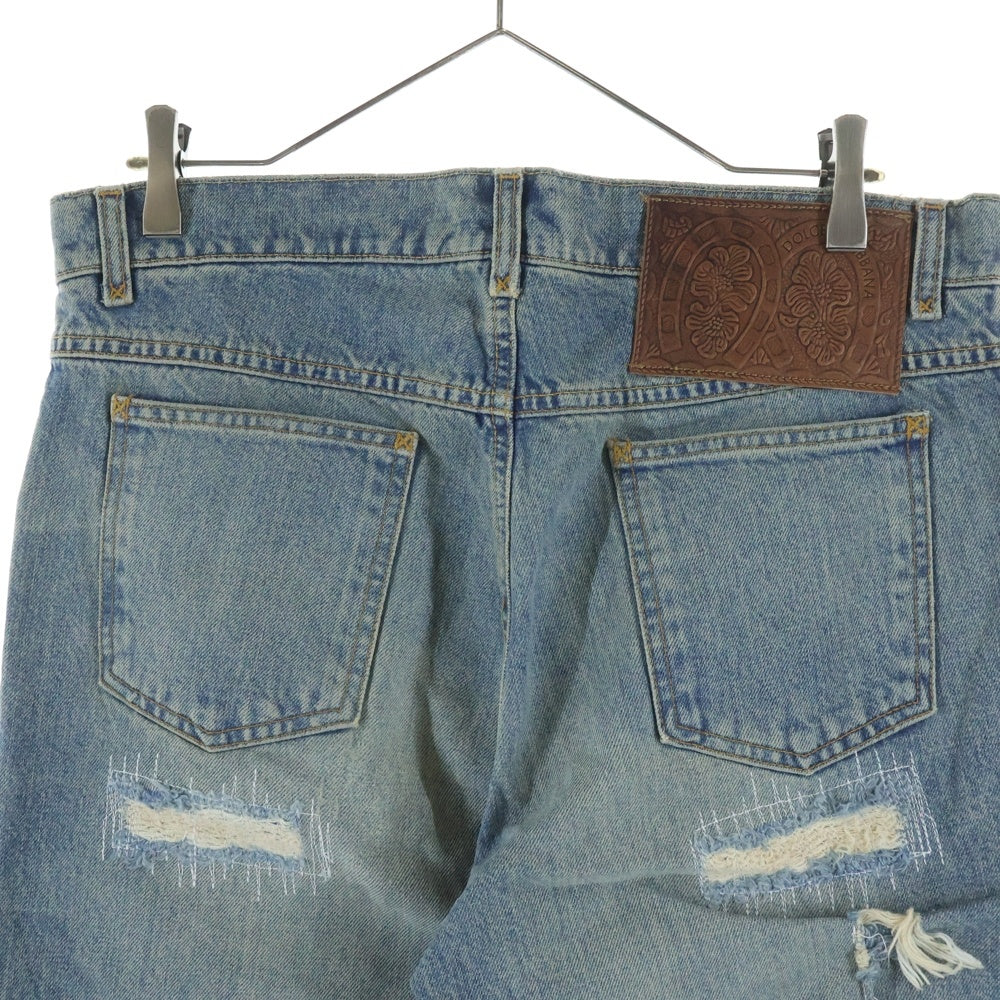DOLCE & GABBANA(ドルチェアンドガッバーナ) 00S レザーロゴパッチ クラッシュ加工 5ポケット ジップフライ ストレート デニムパンツ インディゴ S0616 9429