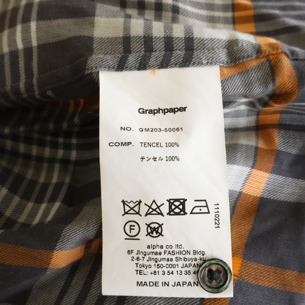 Graphpaper(グラフペーパー) 20AW TENCEL CHECK REGULAR COLLAR BIG SLEEVE SHIRT テンセル チェック柄 レギュラーカラー ビッグスリーブ 長袖シャツ グレー/オレンジ GM203-50061
