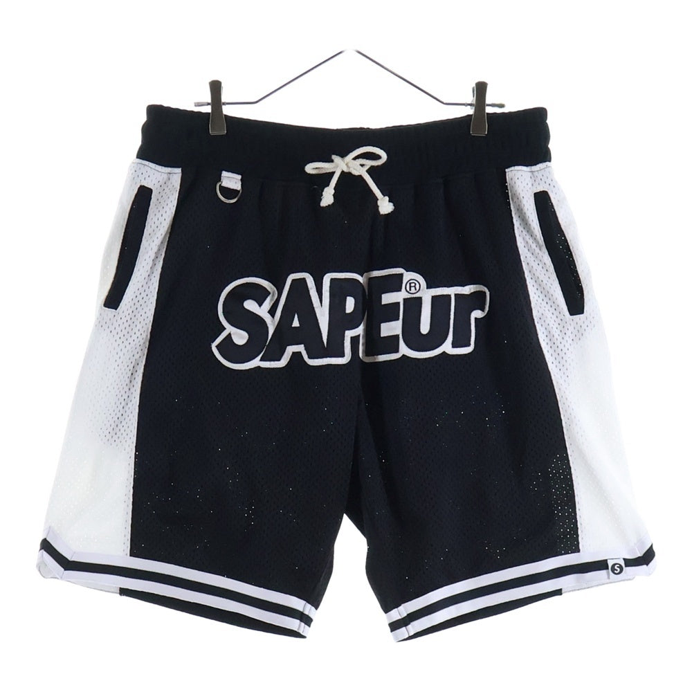 SAPEur(サプール) UofS Uniform Basket Shorts フロントロゴ ユニフォーム バスケットショーツ メッシュハーフパンツ ブラック/ホワイト