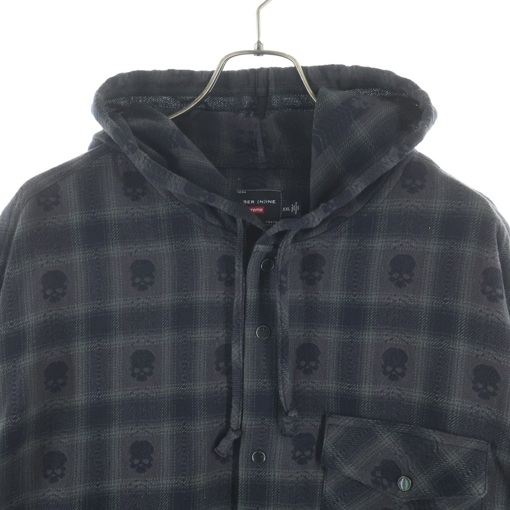 SUPREME(シュプリーム) 25AW ×Number（N)ine Hooded Flannel Shirt ナンバーナイン スカル総柄 フーデッド長袖フランネルシャツ グレー/ブラック