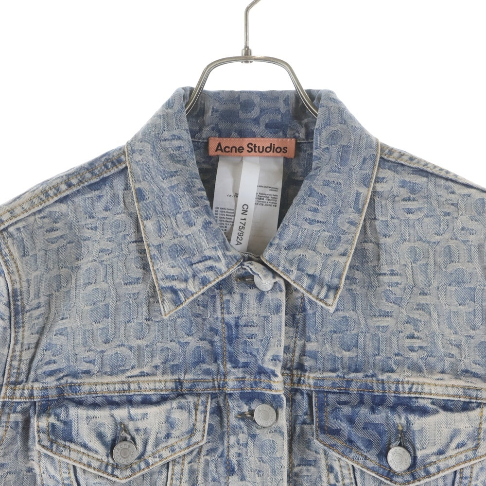 Acne Studios(アクネ ストゥディオズ) MONOGRAM JACQUARD DENIM JACKET モノグラム総柄刺繍 クロップド デニムトラッカージャケット レディース インディゴ FN-WN-OUTW000882