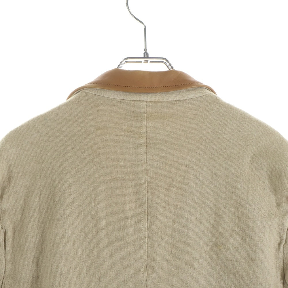 ISAMU KATAYAMA BACKLASH(イサムカタヤマバックラッシュ) 15SS コットンリネン製品染め カーフレザーカラー 1ボタン センターベント シングルジャケット ベージュ 1504-04