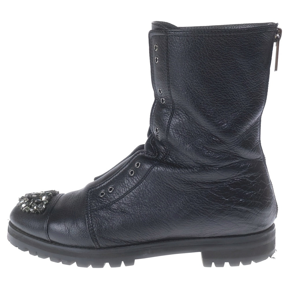 JIMMY CHOO(ジミーチュウ) HATCHER クリスタルビジュー バックジップ レザー ハイカットブーツ ブラック