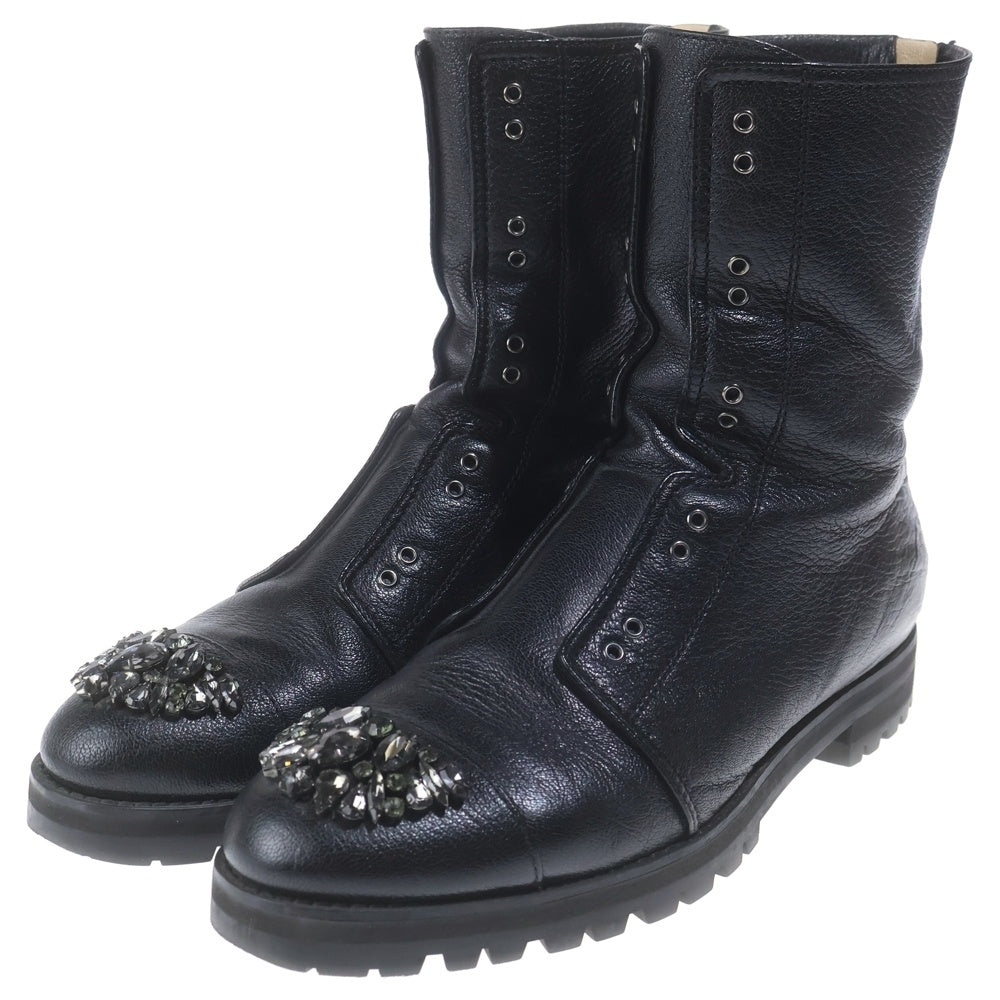 JIMMY CHOO(ジミーチュウ) HATCHER クリスタルビジュー バックジップ レザー ハイカットブーツ ブラック