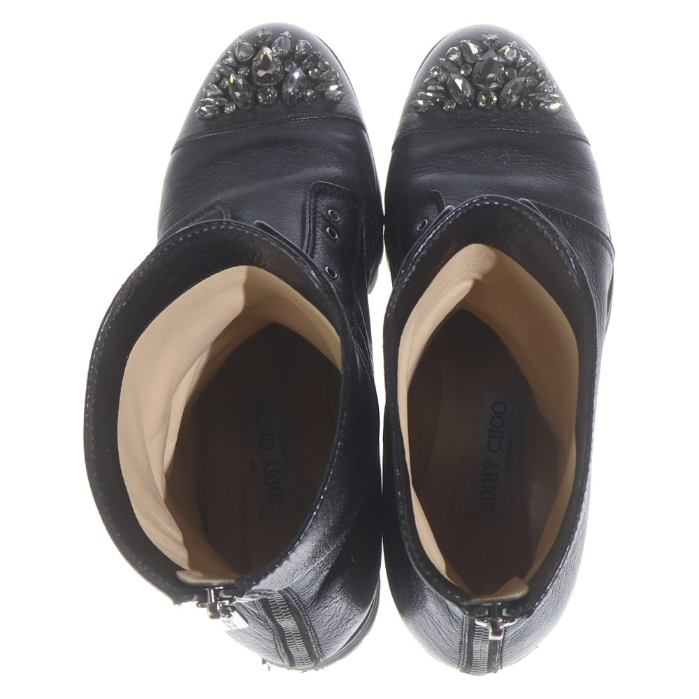 JIMMY CHOO(ジミーチュウ) HATCHER クリスタルビジュー バックジップ レザー ハイカットブーツ ブラック