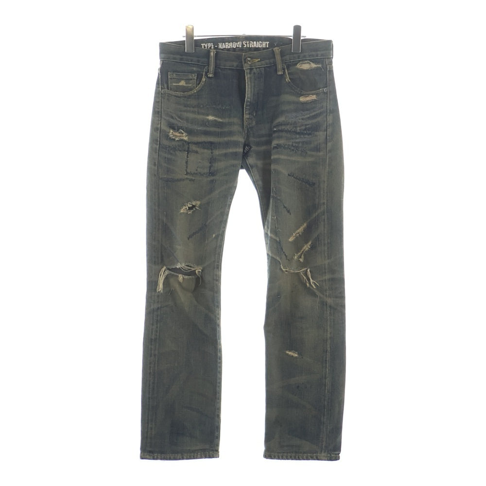 NEIGHBORHOOD(ネイバーフッド) 10AW BEYOND.SAVAGE.MARROW/14OZ-PT ダメージ加工 ジップフライ ストレートパンツ インディゴ 102DCNH-PTM13