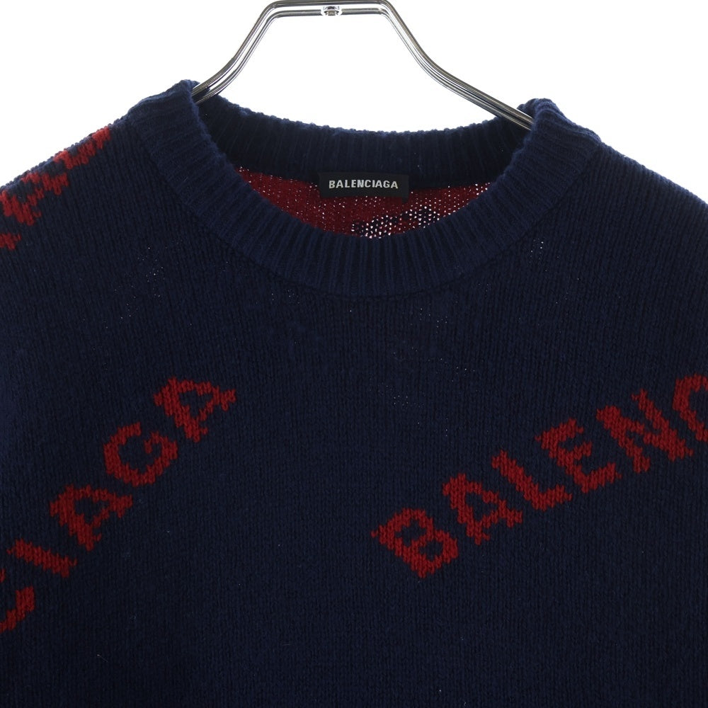 BALENCIAGA(バレンシアガ) 18SS ALLOVER LOGO CREWNECK KNIT オールオーバーロゴ クルーネック長袖 ニットセーター ネイビー/レッド 547831 T1473
