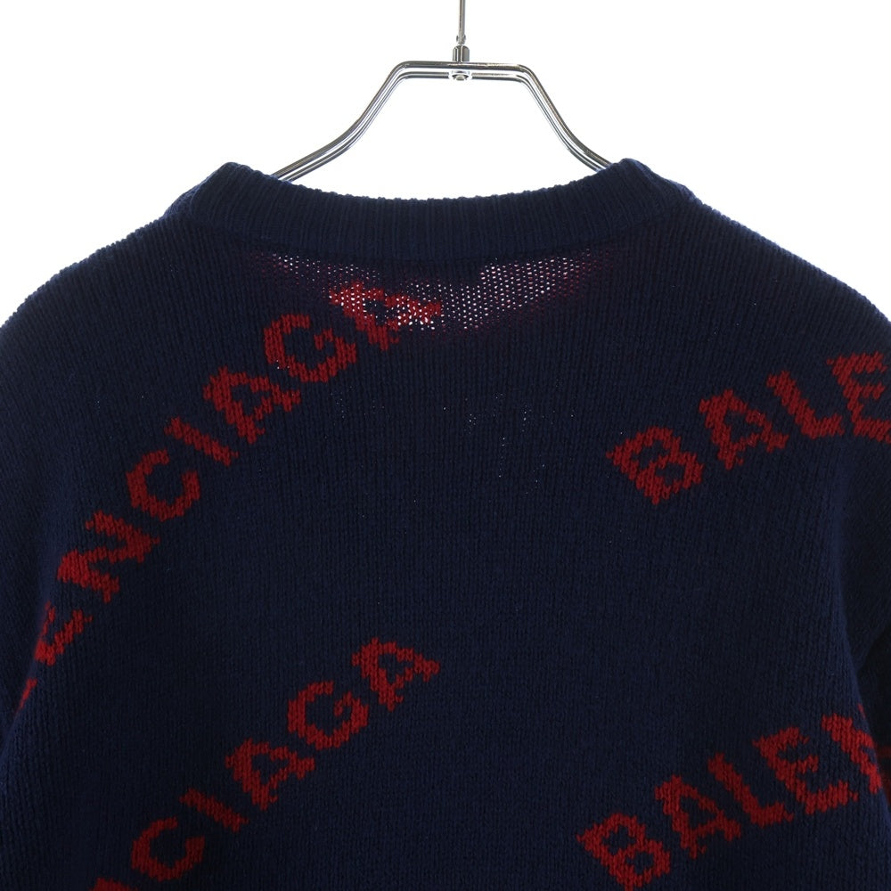 BALENCIAGA(バレンシアガ) 18SS ALLOVER LOGO CREWNECK KNIT オールオーバーロゴ クルーネック長袖 ニットセーター ネイビー/レッド 547831 T1473