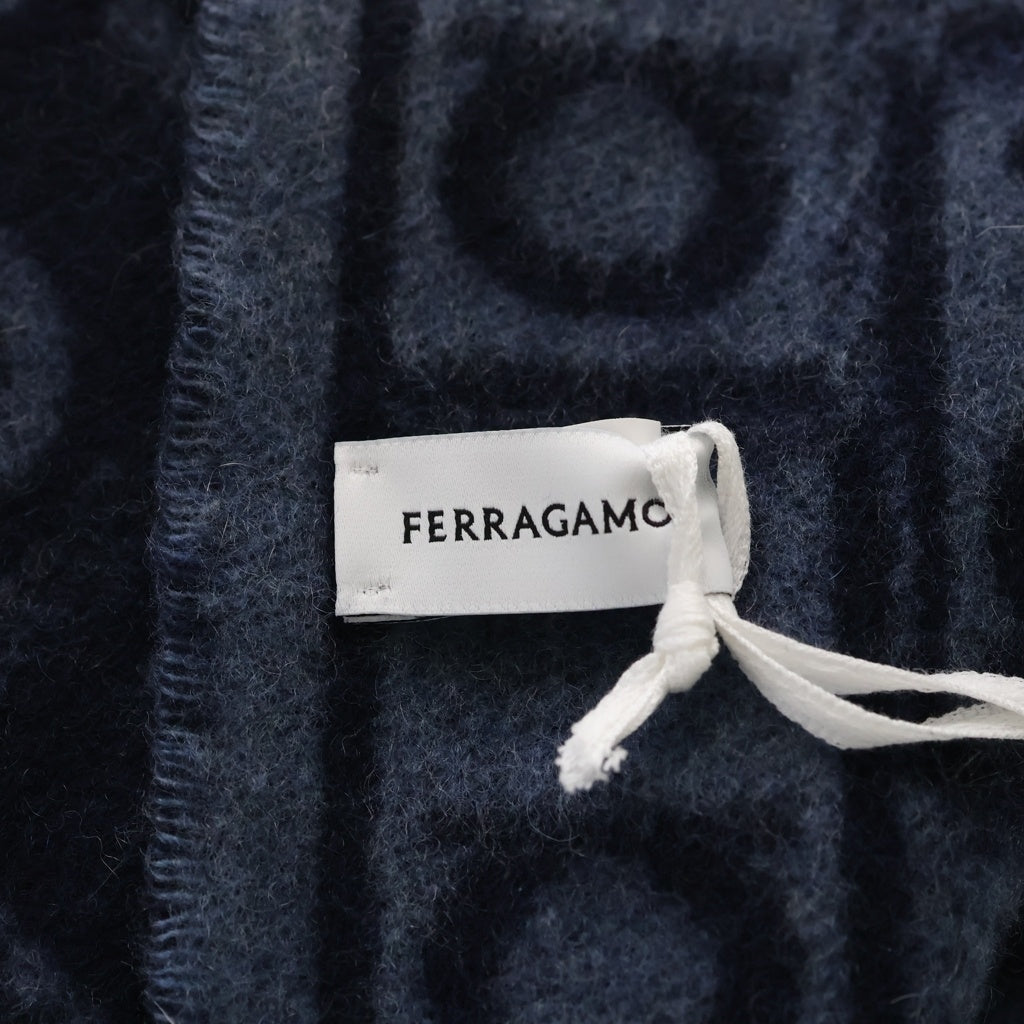Salvatore Ferragamo(サルヴァトーレ フェラガモ) Monogram Scarf モノグラム 総柄 ウール混 フリンジマフラー ストール ネイビー 779247 レディース