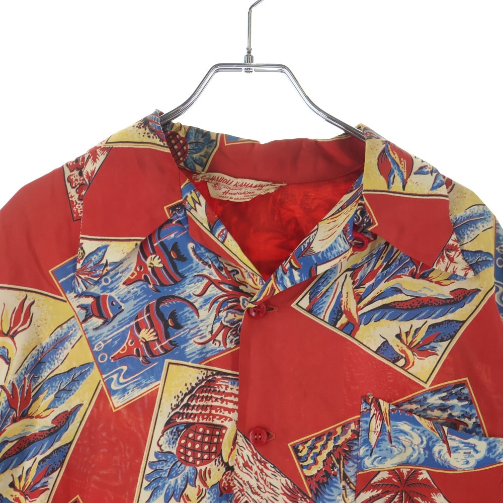 VINTAGE(ヴィンテージ) 50S VINTAGE HAUOLI KAMAAINA ヴィンテージ パネル状絵柄 アロハシャツ レッド