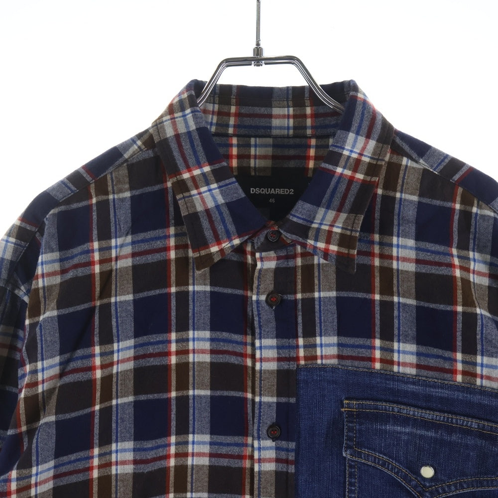 DSQUARED2 ディースクエアード 21AW チェック柄 長袖デニムウェスタンシャツ インディゴ/ブラウン S71DM049 DSQUARED2(ディースクエアード) 21AW チェック柄 長袖デニムウェスタン