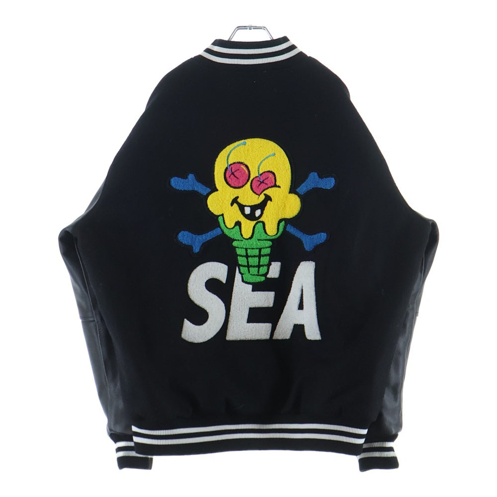 WIND AND SEA(ウィンダンシー) ×ICE CREAM VARSITY JACKET アイスクリーム マルチパッチ アームレザー バーシティジャケット スタジャンブルゾン ブラック ICJP215SX004