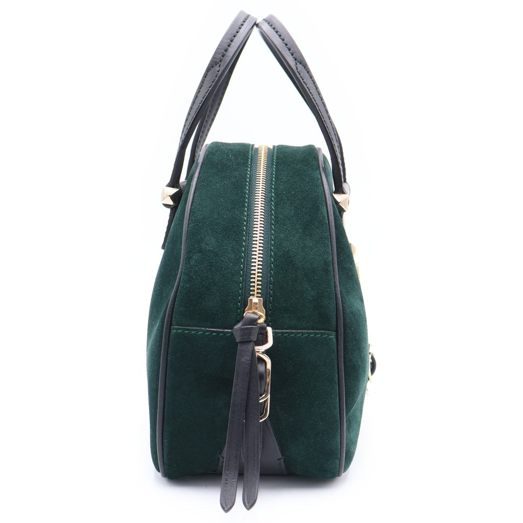 JIMMY CHOO(ジミーチュウ) VARENNE BOWLING ヴァレンヌ ボーリング ロゴ ゴールド金具 カーフレザー スウェード ハンドバッグ グリーン レディース