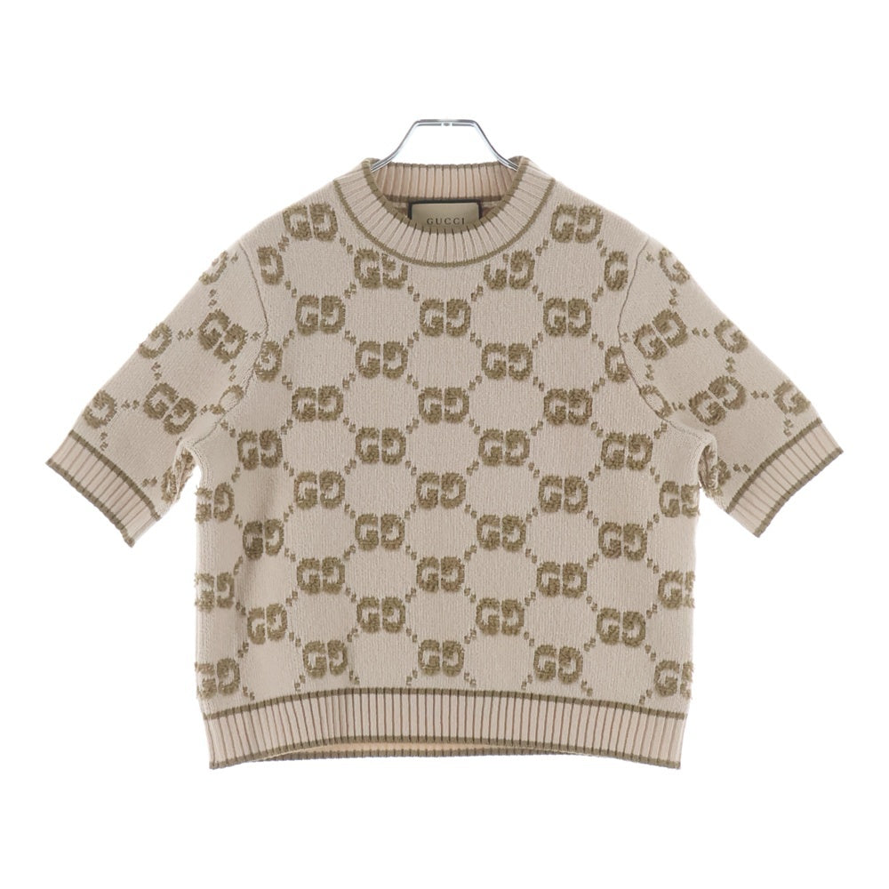 GUCCI(グッチ) GGブークレ ウール ジャガード トップ ロゴ総柄 モックネック プルオーバー 半袖ニット セーター ベージュ レディース 770059 XKCNA