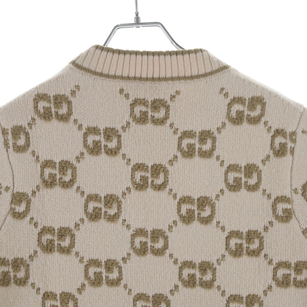 GUCCI(グッチ) GGブークレ ウール ジャガード トップ ロゴ総柄 モックネック プルオーバー 半袖ニット セーター ベージュ レディース 770059 XKCNA