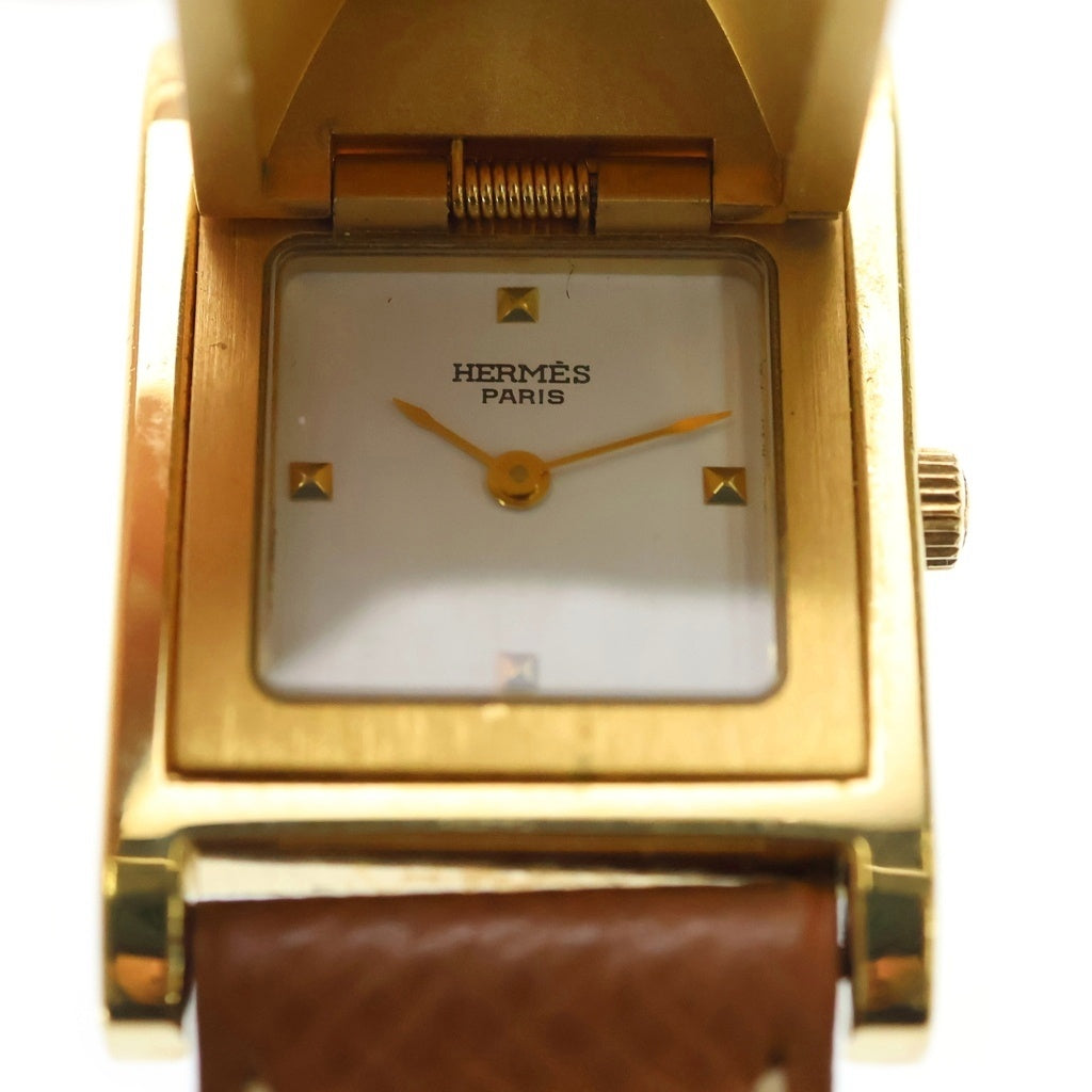 HERMES(エルメス) 90S VINTAGE ヴィンテージ メドール ○Y刻印 クオーツ レザー 時計 ゴールド/ブラウン レディース