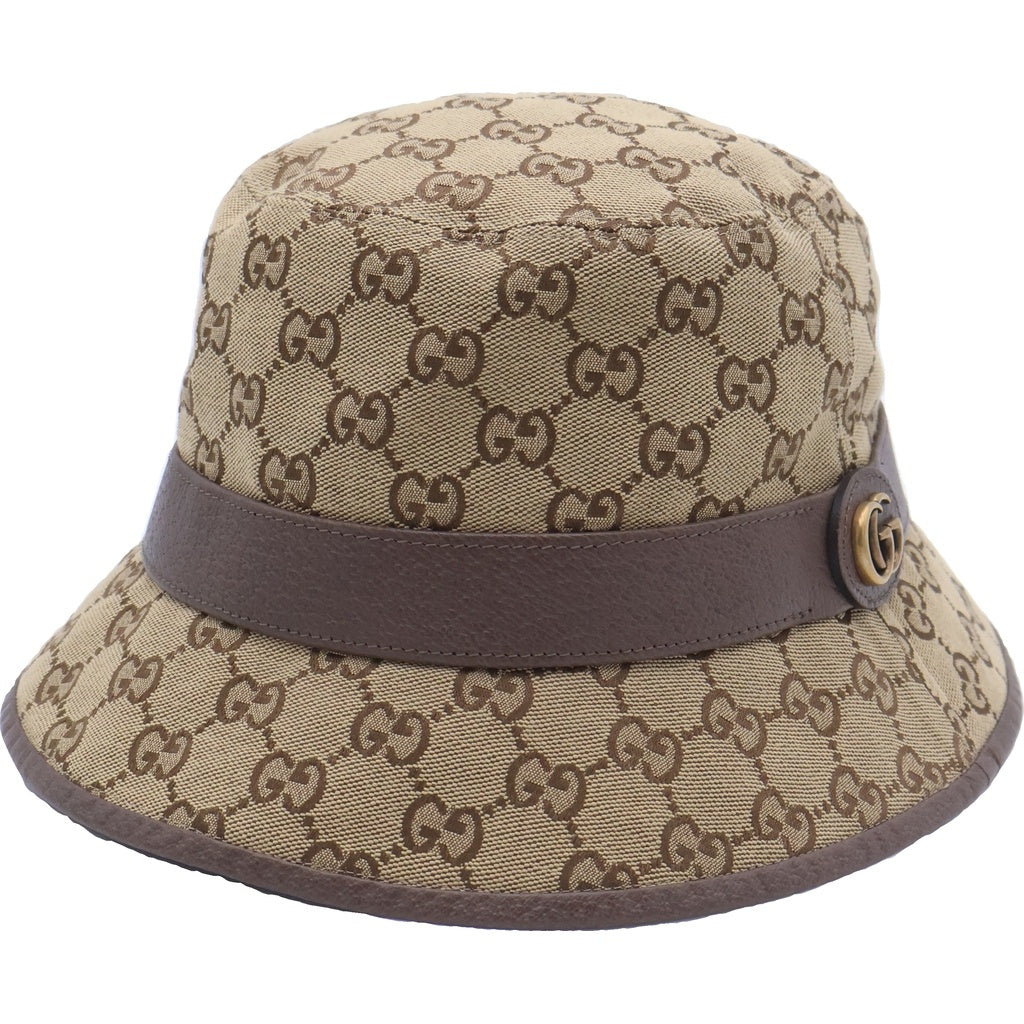 GUCCI(グッチ) GGキャンバス レザーベルト フェドラ バケットハット 帽子 ブラウン 576587 レディース