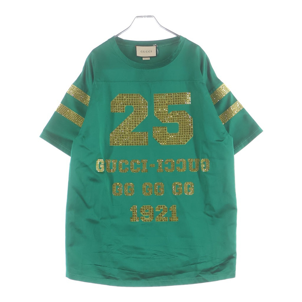 GUCCI(グッチ) シルク ラインストーンロゴプリント 半袖フットボールTシャツ カットソー グリーン 672076 XJDST