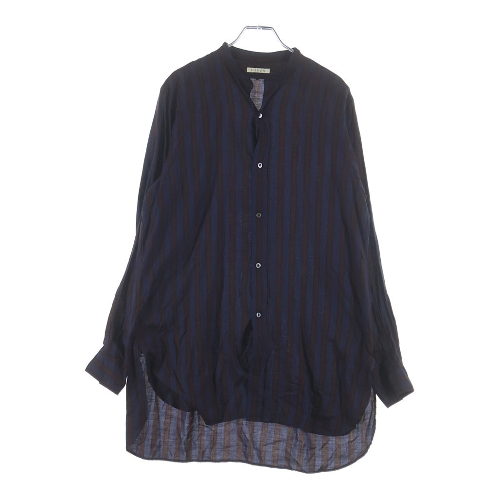 HEUGN(ユーゲン) ROB WINE STRIPE テンセルストライプバンドカラーシャツ ネイビー/ブラウン SHIRT077