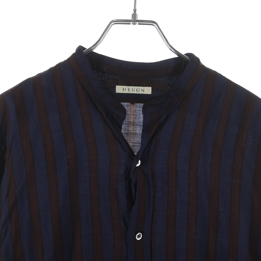 HEUGN(ユーゲン) ROB WINE STRIPE テンセルストライプバンドカラーシャツ ネイビー/ブラウン SHIRT077