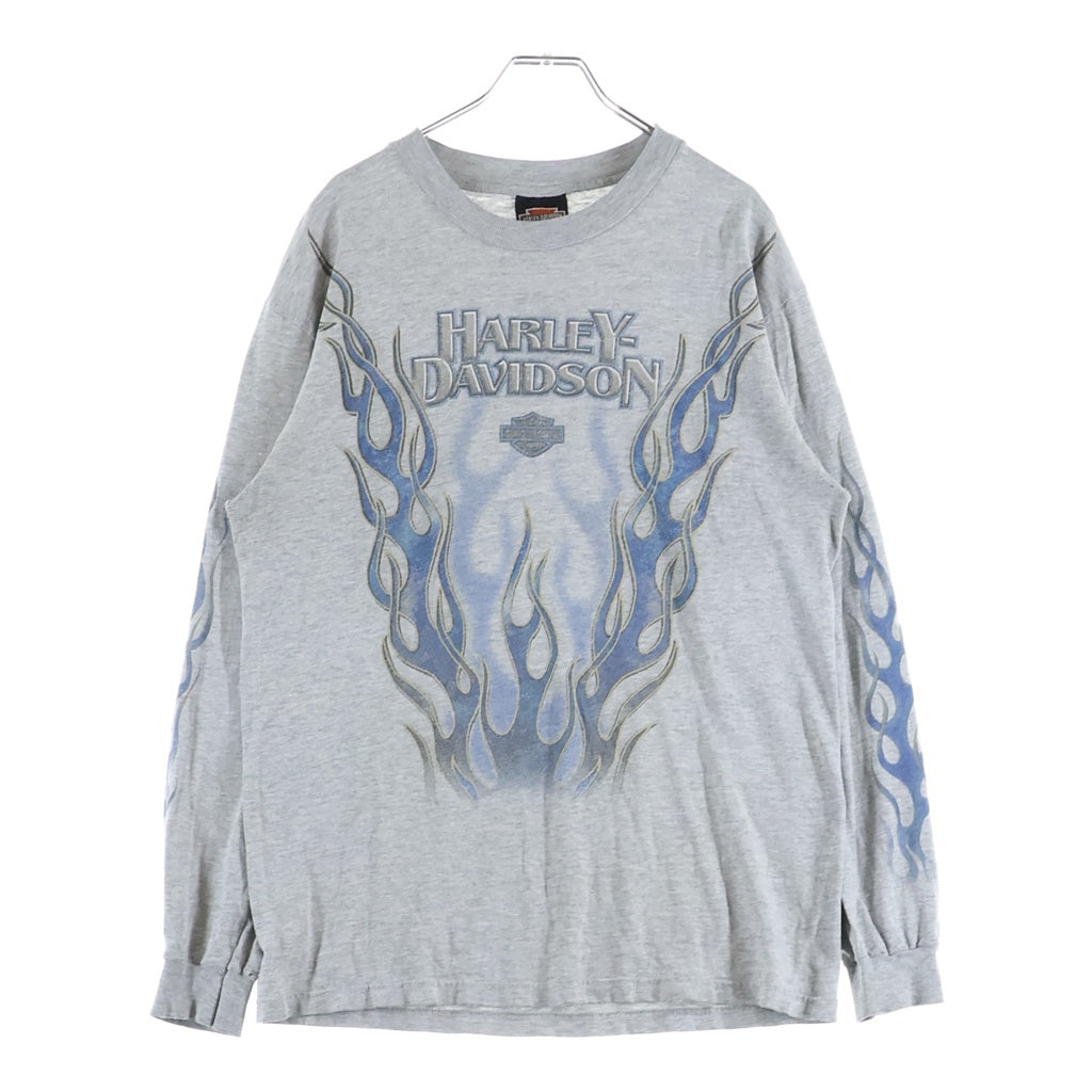 HARLEY DAVIDSON(ハーレーダビッドソン) 90S VINTAGE BLUE FLAME ブルーフレイム 両面プリント クルーネック長袖Tシャツカットソー グレー