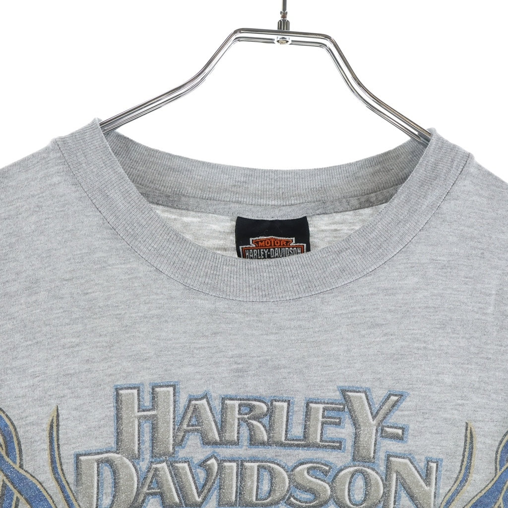HARLEY DAVIDSON(ハーレーダビッドソン) 90S VINTAGE BLUE FLAME ブルーフレイム 両面プリント クルーネック長袖Tシャツカットソー グレー