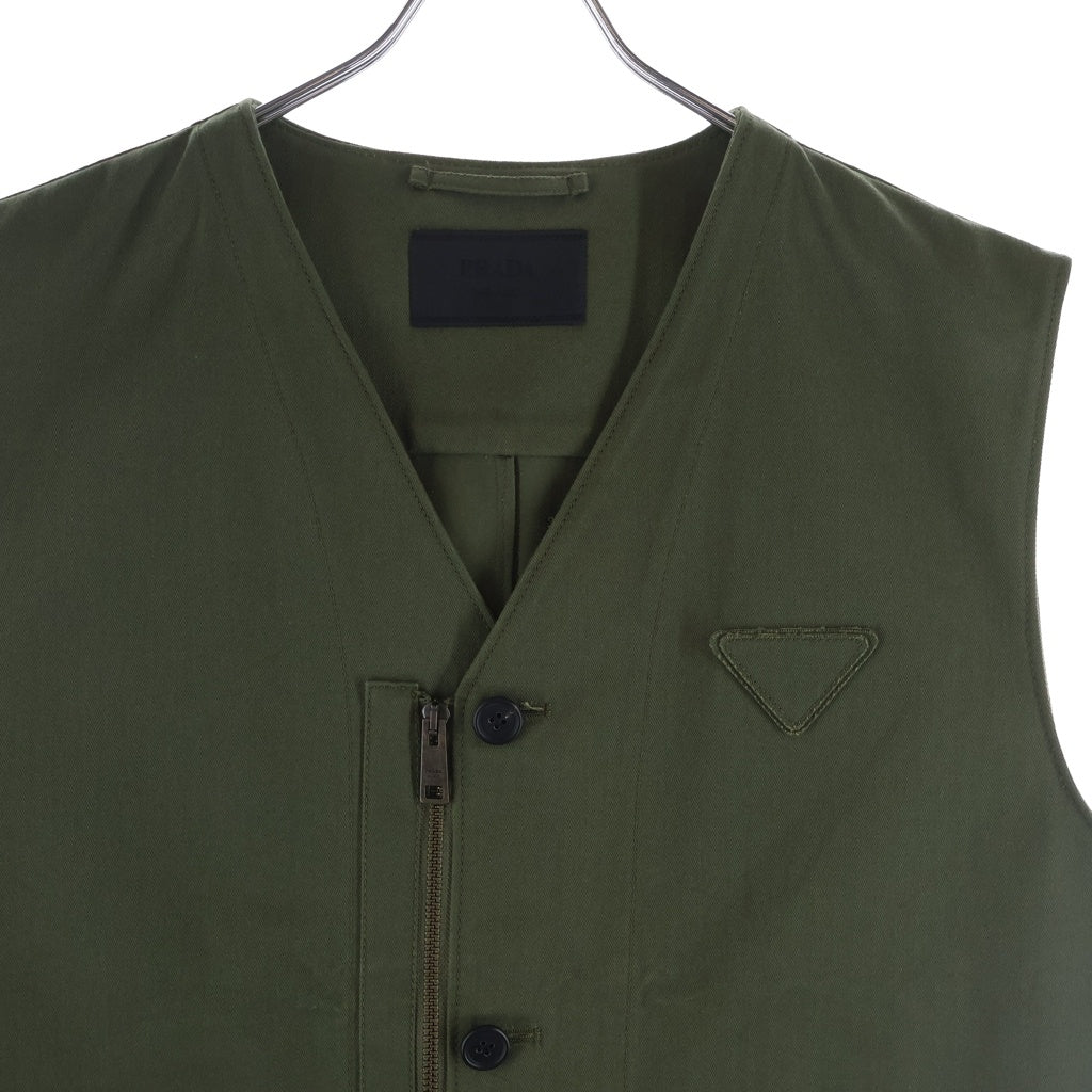 PRADA プラダ 胸トライアングルロゴ ジップアップコットンベスト カーキ SGC545 PRADA(プラダ) 胸トライアングルロゴ ジップアップコットンベスト