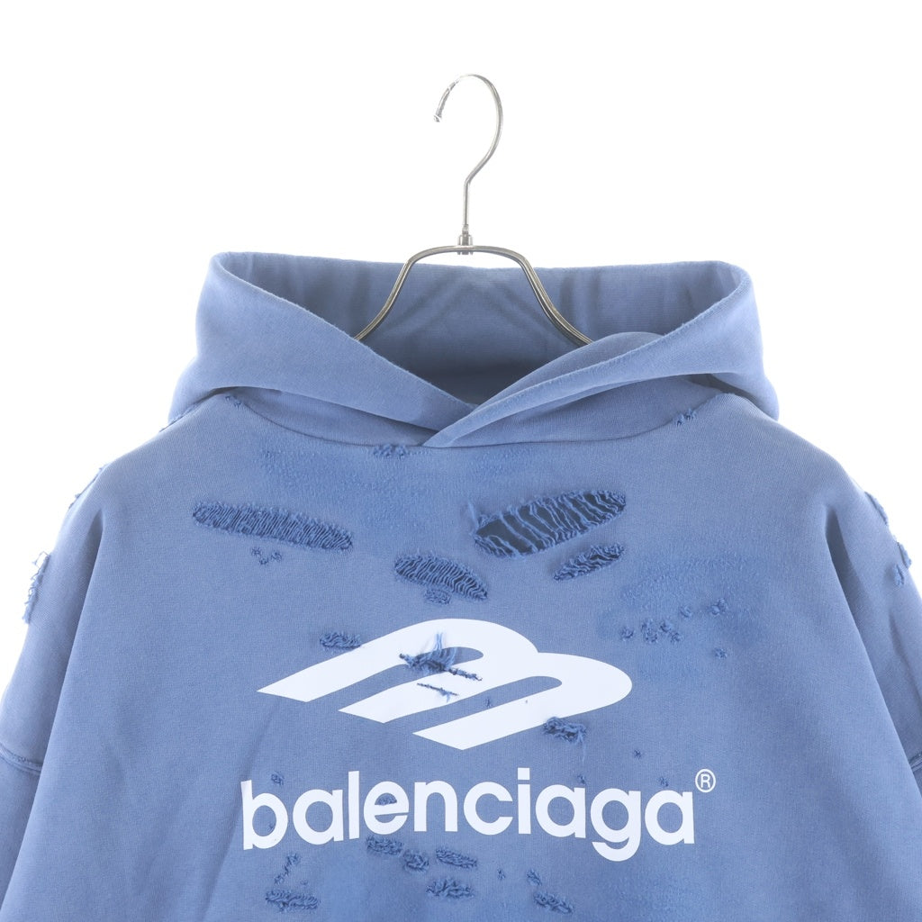 BALENCIAGA(バレンシアガ) DESTROYLAYERD SPORTS HOODIE デストロイ加工 フロントロゴ プルオーバースウェットパーカー フーディー ブルー 818598 TRVH2