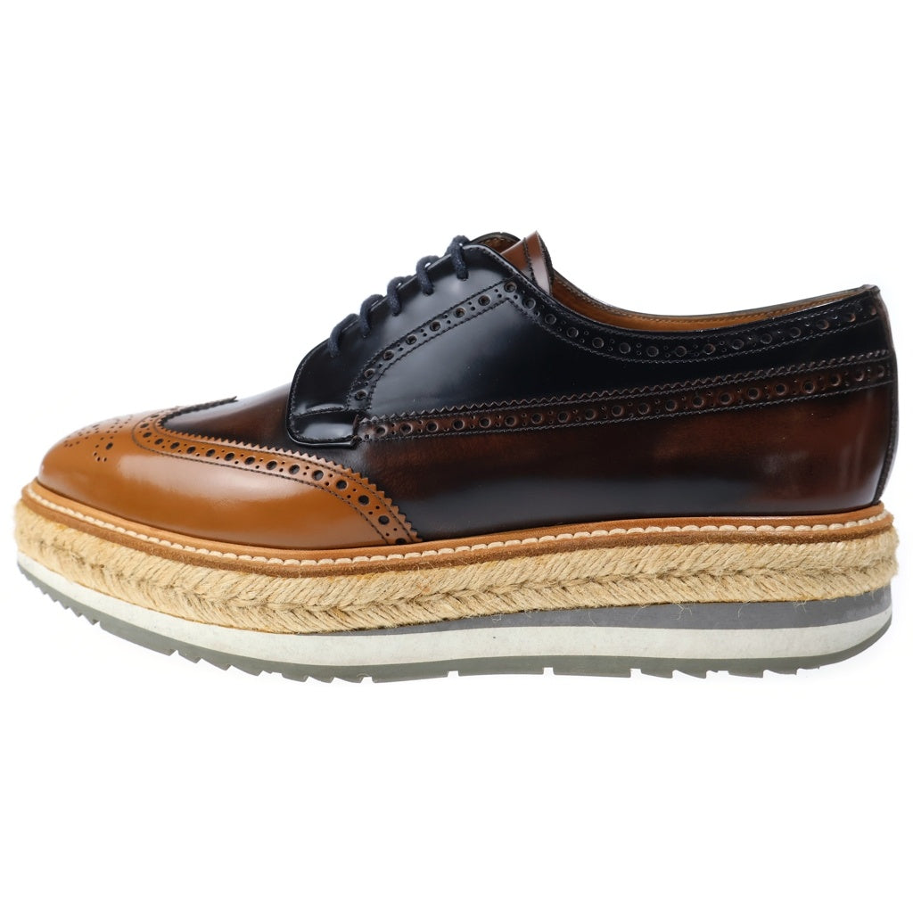 PRADA(プラダ) エスパドリーユ 厚底 ウィングチップダービーシューズ ブラウン 2EG015