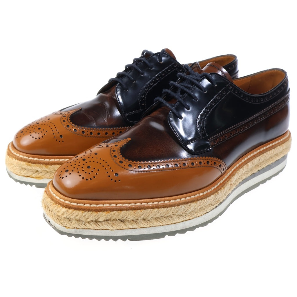 PRADA(プラダ) エスパドリーユ 厚底 ウィングチップダービーシューズ ブラウン 2EG015