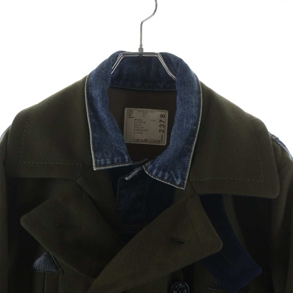 Sacai(サカイ) 20AW WOOL MELTON DENIM COAT ウールメルトン デニムドッキング加工 Pコート インディゴ/カーキ 20-02378M