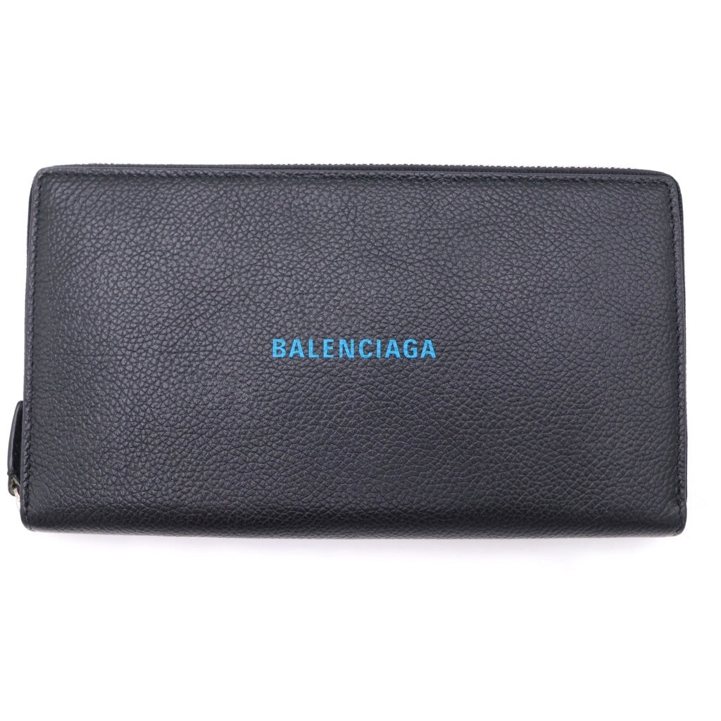 BALENCIAGA(バレンシアガ) ロゴプリント ラウンドジップ キャッシュ コンチネンタル レザーロングウォレット 長財布 ブラック 594317