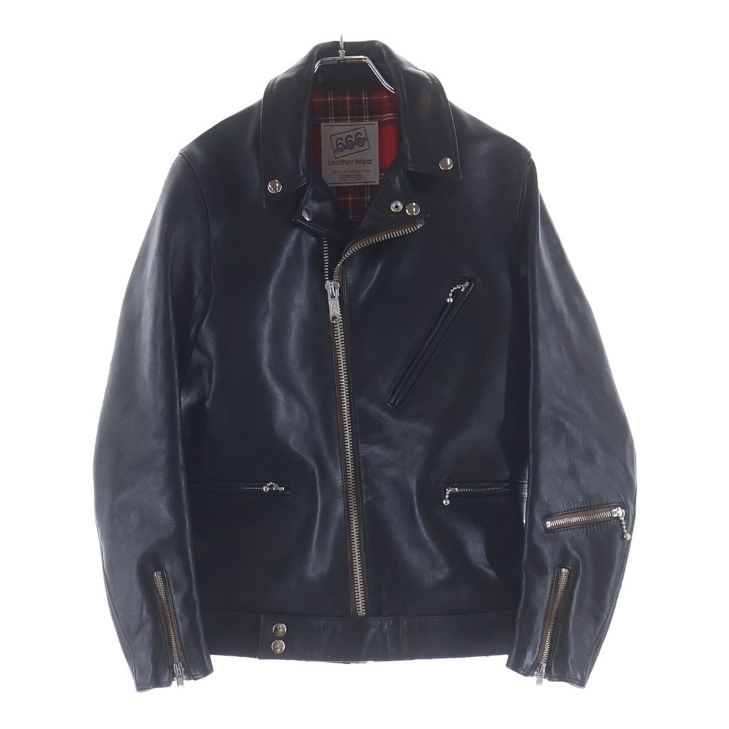 666 LEATHER WEAR(トリプルシックスレザーウェア) LJM-8TF マルチポケット ダブル タータンチェック柄 ホースハイド レザージャケット ライダースジャケット ブラック