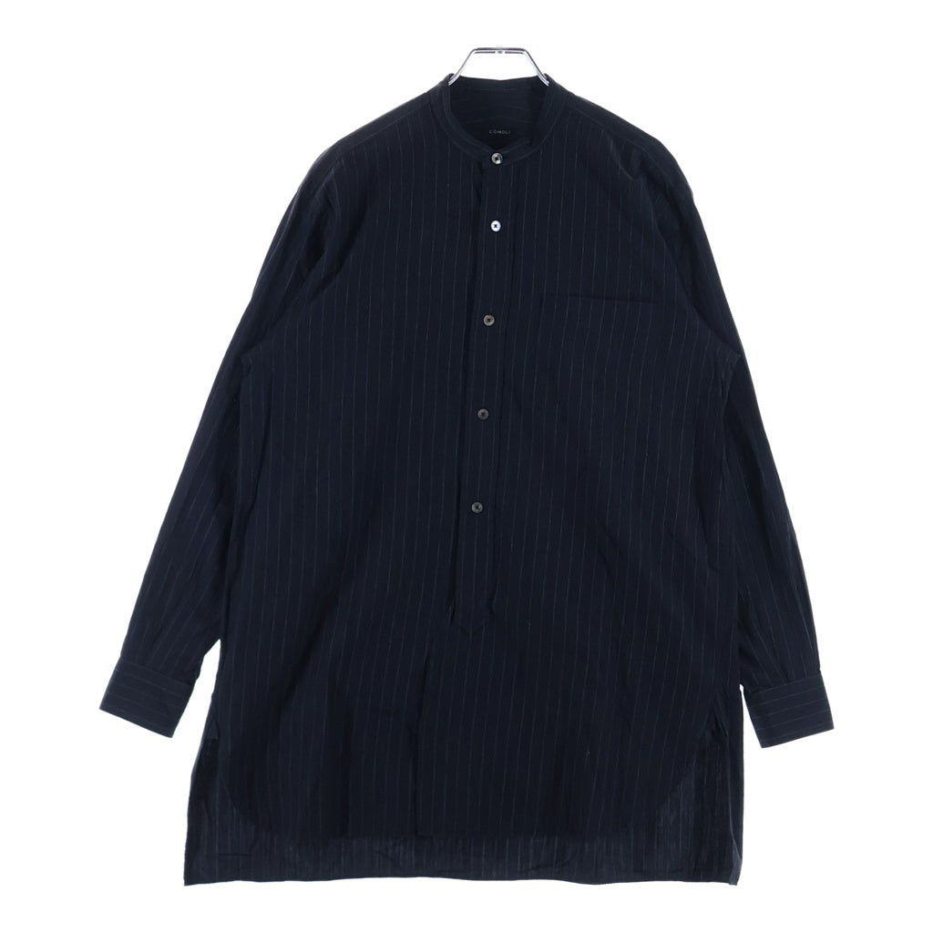 COMOLI(コモリ) 19AW バンドカラー ストライプ 長袖シャツ ブラック Q03-02002