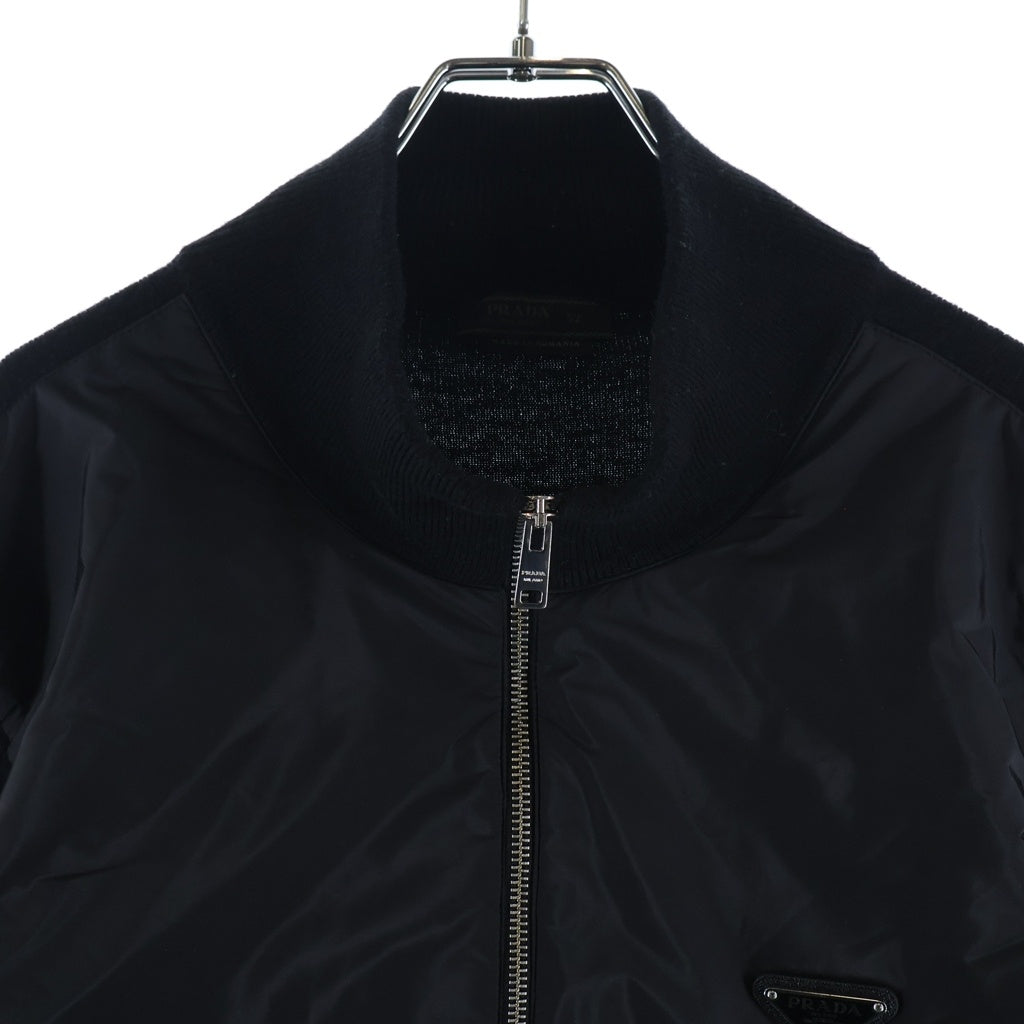 PRADA(プラダ) トライアングルロゴ ニット切替 ジップアップ ナイロンジャケット ブラック UMG116